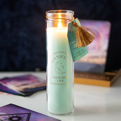 Manifest Clarity – White Sage & Clear Quartz Tube Candle