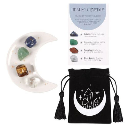 Success Healing Crystal Set with Crescent Moon Trinket Dish