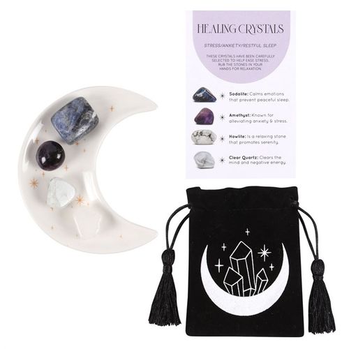 Stress Healing Crystal Set with Crescent Moon Trinket Dish